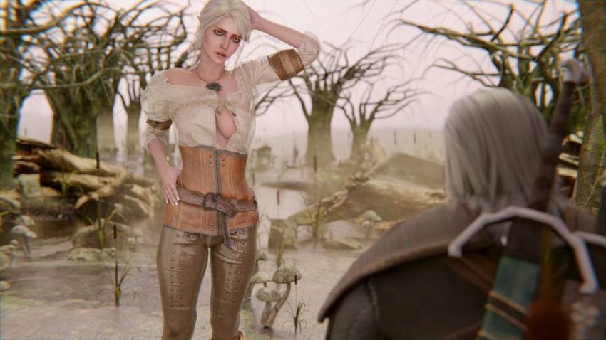 3d after_sex breasts ciri drowner female geralt_of_rivia green_eyes male nipples tagme the_witcher_(series) the_witcher_3:_wild_hunt transparent_clothing wet wet_body wgqhs white_hair