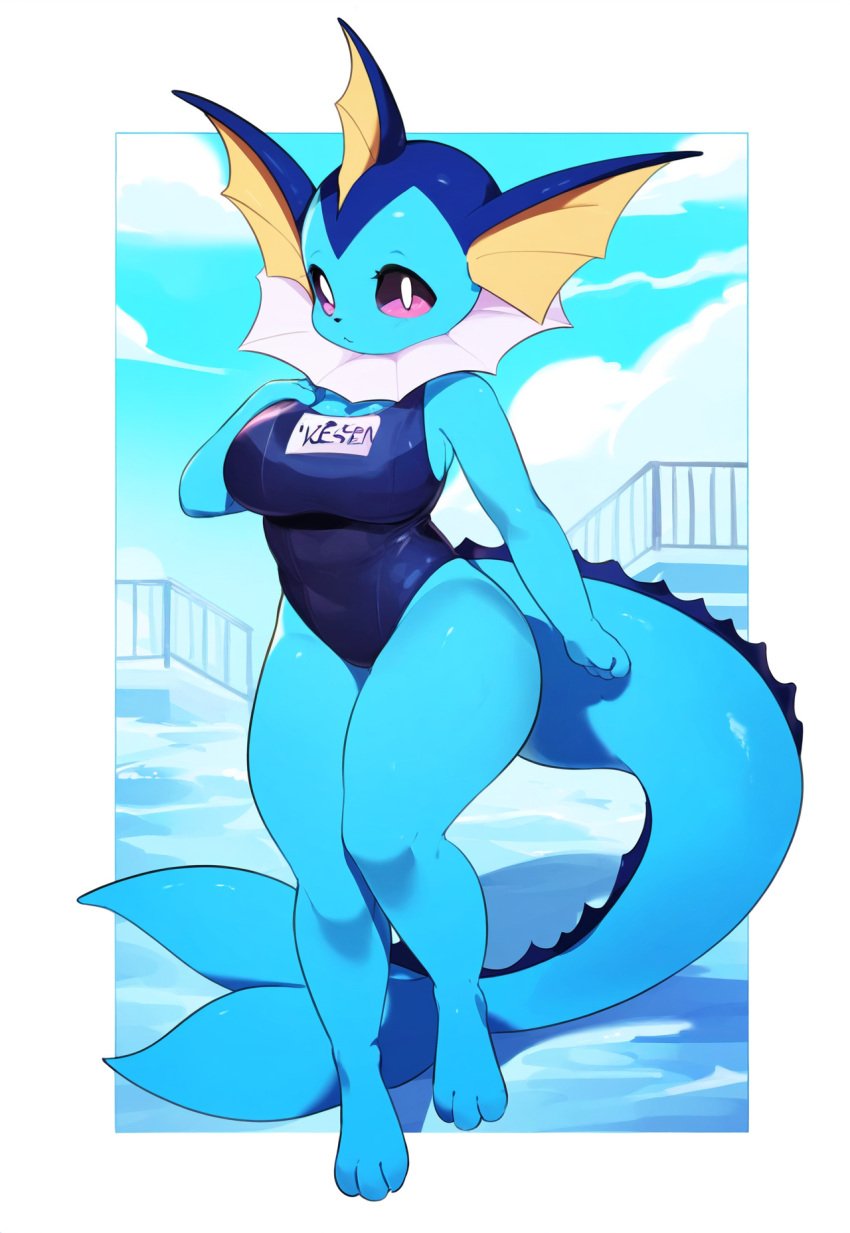 ai_generated anthro awokose cute cute_expression eeveelution female_pokemon nintendo one-piece_swimsuit pokémon_(species) pokemon pokemon_(species) short shortstack swimsuit vaporeon