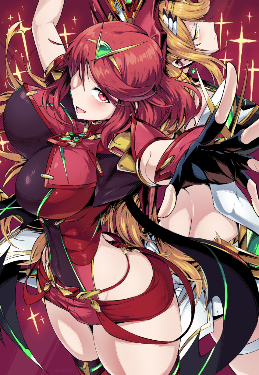 2021 2girls bare_thighs big_breasts blonde_hair breasts female_only horny mythra nintendo only_female pyra red_eyes red_hair suzusiigasuki tagme thick thick_thighs tight_clothing xenoblade_(series) xenoblade_chronicles_2