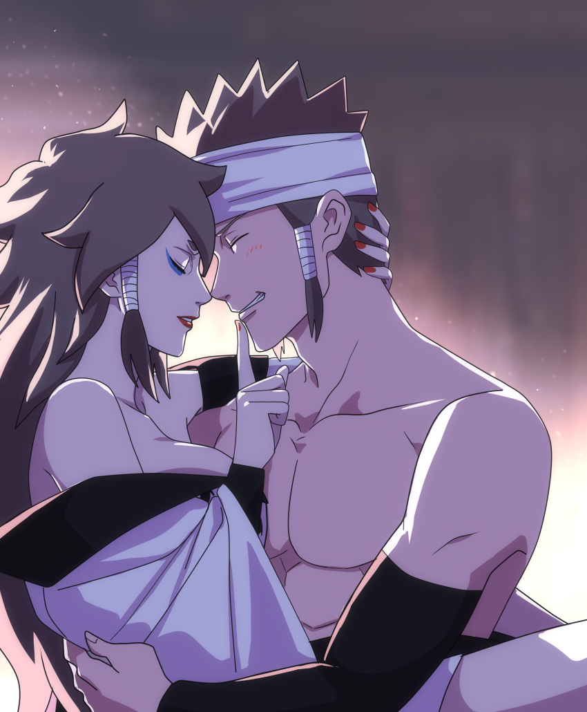 1boy 1girls big_breasts blush breasts brother_and_sister brown_eyes carrying closed_eyes forevermedhok genderswap_(mtf) headband incest kimono long_hair makeup male/female nail_polish naruto naruto_shippuden otsutsuki_asura otsutsuki_indra rule_63 short_hair smile upper_body