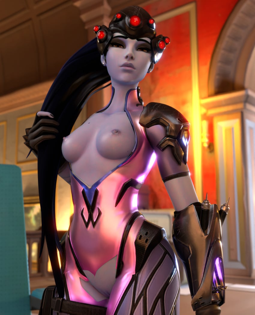 1girls 3d ass back blender blue_body exposed_breasts exposed_pussy eyebrows fjvnb lips overwatch purple_skin pussy vagina widowmaker yellow_eyes