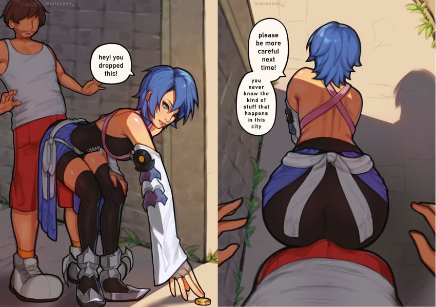 1boy 1girls aqua_(kingdom_hearts) bent_over bike_shorts blue_hair buttjob disney kingdom_hearts large_ass mariezone oblivious square_enix straight text unaware unaware_buttjob