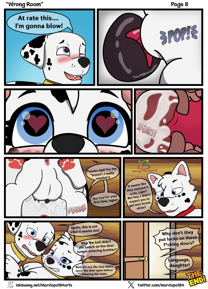 absurd_res animal_genitalia animal_penis animal_pussy anus ass balls blue_eyes blush blush_lines bodily_fluids brother cabin canid canine canine_genitalia canine_penis canine_pussy canis cel_shading comic comic_page cum cum_drip cum_in_pussy cum_inside dalmatian dalsky_(dalmatian_and_husky) daughter domestic_dog dripping duo embarrassed english_text fan_character father father_and_child father_and_daughter father_penetrating_daughter female feral from_front_position fur genital_fluids genitals happy happy_sex heart hi_res humping husky incest incest_play knot knotting lying male male/female mammal marshall_(paw_patrol) marvispot84 missionary_position nervous nickelodeon nordic_sled_dog on_back open_door parent parent_and_child parent_and_daughter paw_patrol paws penetration penis pussy pussy_juice sex shaded sibling speech_bubble spitz spots spots_(oc_marvispot84) spotted_body spotted_fur stormie_(marvispot84) tail teenager text texts vaginal_penetration young