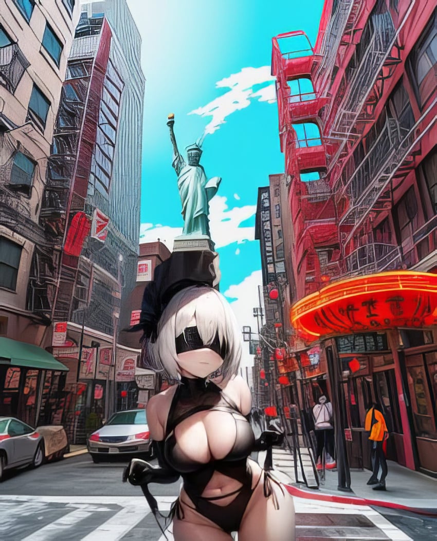 adorable ai_generated blindfold city clouds cute happy looking_at_viewer nier nier:_automata outdoors outside pale-skinned_female pale_skin peace_sign petite petite_female road sidewalk sky standing statue_of_liberty street thick_ass thick_thighs urban vehicle white_hair yorha_2b