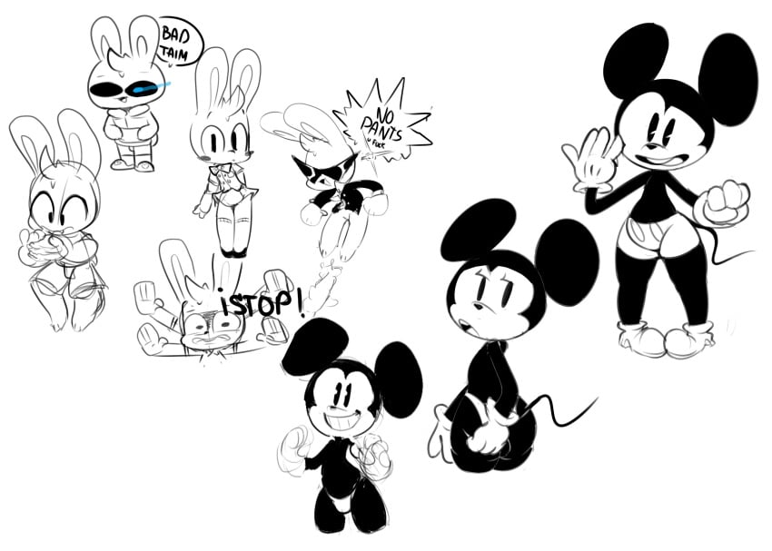 2020 anthro ciavs clothing disney eyewear gloves group handwear hi_res humanoid lagomorph leporid male male_only mammal mickey_mouse rabbit sketch sketch_page solo sunglasses thong underwear white_background