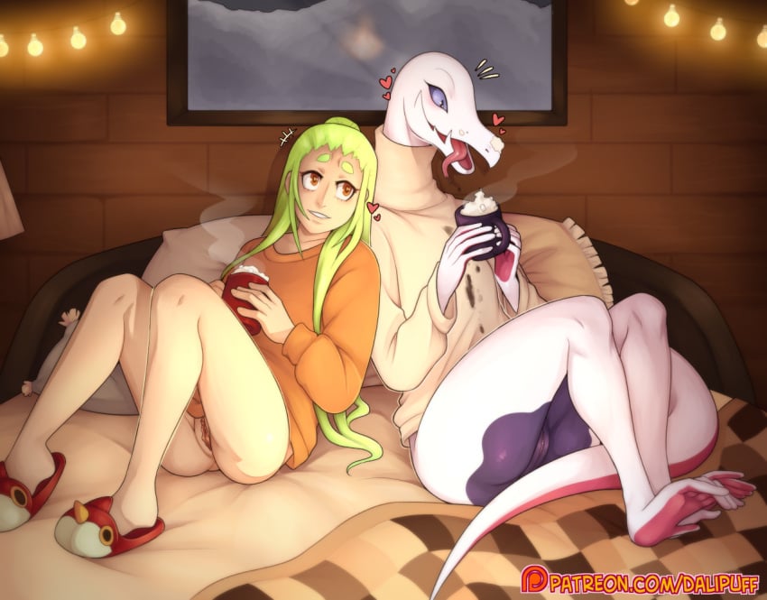 2girls anthro ass bed bedding blanket blush bottomless clothed clothing cocoa_(drink) dalipuff digital_media_(artwork) duo english_text fan_character female female_only female_with_female flat_chest furniture genitals hair human humanoid_genitalia inside large_ass mammal nintendo partially_clothed pokémon_(species) pokemon pokemon_(species) presenting pussy romantic_couple salazzle scalie shiny_pokemon smile sweater text topwear video_games white_body wide_hips yuri