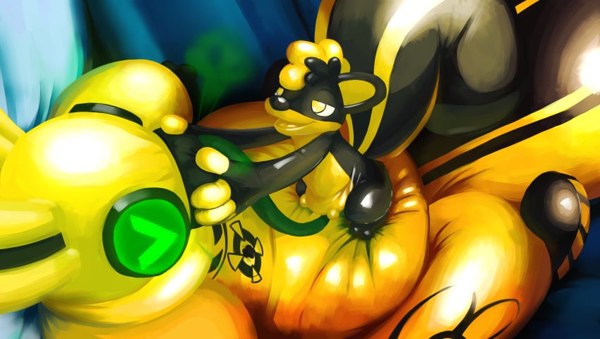 2020 anthro biped black_body black_nose digital_drawing_(artwork) digital_media_(artwork) duo gas gas_cloud glistening glowing glowing_eyes green_eyes hazmat_suit hi_res inflation lagomorph leporid mammal mask mephitid multicolored_body open_mouth rabbit rubber sexotheque skunk smelly smile stinky_the_skunk teats two_tone_body udders yellow_body yellow_eyes