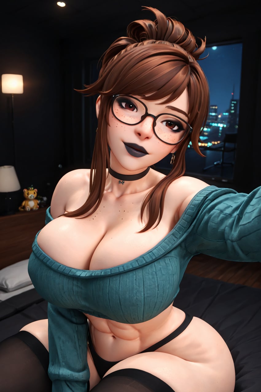 1girls 3d 3d_(artwork) abs ai_generated big_ass big_breasts black_lips black_lipstick brown_hair busty cleavage crop_top glasses half_updo lipstick madz_(oc) midriff panties radnsad selfie short_hair_with_long_locks sidelocks solo solo_female solo_focus sweater thick_ass thick_thighs thighhighs