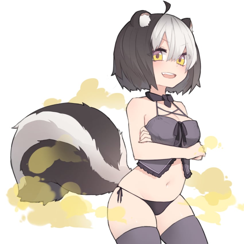 13o 1girls 2019 bangs big_breasts black_hair breasts clothing crossed_arms fart fart_cloud female hair hi_res kemonomimi legwear lingerie lingering_stench looking_at_viewer multicolored_hair short_hair side-tie_panties simple_background skunk_girl smile solo stench stink thick_thighs thigh_highs two_tone_hair yellow_eyes