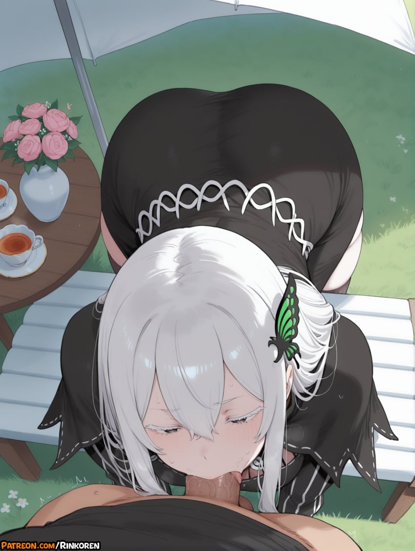1boy 2025 ai_assisted ai_generated all_fours anime anime_girl anime_style artist_name ass bangs black_capelet black_dress blush breasts butterfly_hair_ornament capelet closed_eyes colored_eyelashes cup dress echidna_(re:zero) erection fellatio female flower grass hair_between_eyes hair_ornament hi_res high_quality high_res high_resolution highres large_breasts long_hair long_sleeves oral outdoors patreon patreon_username penis pov re:zero_kara_hajimeru_isekai_seikatsu rinkoai saliva solo_focus straight striped striped_dress sweat table teacup uncensored vertical-striped_dress vertical_stripes watermark white_hair