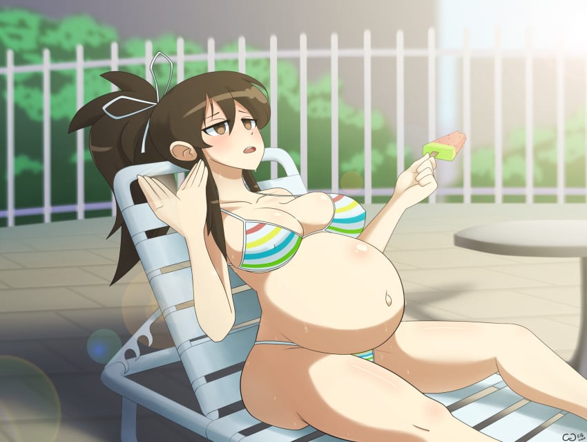 asuka_(senran_kagura) beach_chair bikini cg3p hair_ribbon popsicle pregnant senran_kagura solo sunbeam sweat