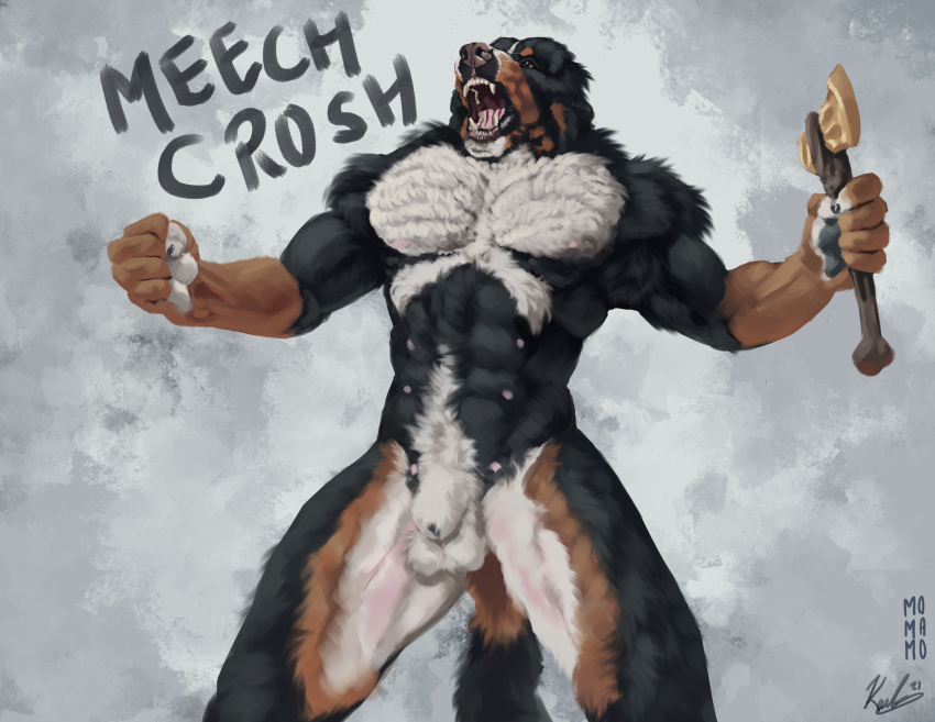 2021 abs absurd_res angry animal_genitalia animal_penis anthro axe balls bernese_mountain_dog biceps black_body black_fur canid canine canine_penis canis chest_tuft digital_media_(artwork) domestic_dog dungeons_and_dragons fluffy fur genitals hasbro hi_res karlos male male_only mammal meech_(momamo) melee_weapon molosser momamo mountain_dog muscular muscular_anthro muscular_male neck_tuft nipples nude open_mouth pecs penis sheath simple_background solo standing swiss_mountain_dog teeth text tuft weapon wizards_of_the_coast yelling