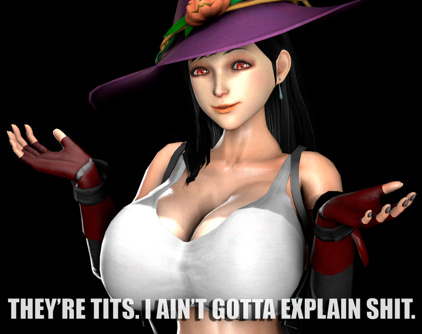1girls 3d alternate_breast_size big_breasts big_tits bimbo black_fingernails black_hair boobs bracer bracers breasts cleavage english_text female final_fantasy final_fantasy_vii fingernail_polish gloves grin hat huge_breasts lipstick looking_at_viewer meme ponytail presenting_breasts red_eyes shrug smile smiling smug smug_face solo solo_female source_filmmaker straps tank_top text theduudeman tifa_lockhart white_shirt witch_hat