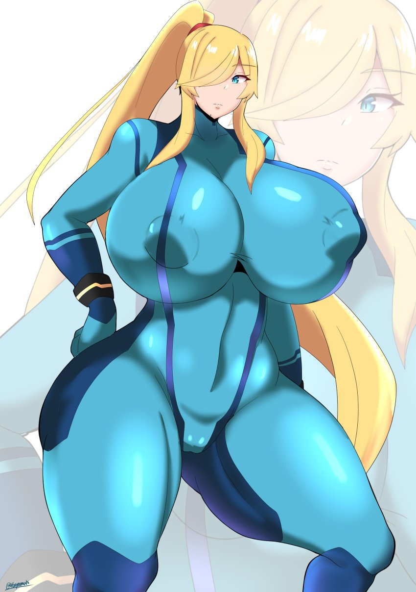 1girls alternate_breast_size ayamahi blonde blonde_hair blue_eyes breasts_bigger_than_head female female_focus female_only huge_breasts metroid mole_under_mouth nintendo samus_aran small_head thick_thighs top_heavy zero_suit zero_suit_samus