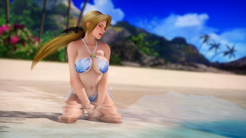 3d beach bikini blonde_hair closed_eyes closed_eyes dead_or_alive hairbow happy helena_douglas kneeling kneeling_in_water long_hair swimsuit ukaxsan voluptuous