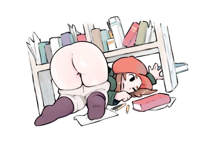 ass bookshelf brown_hair female hat high_resolution huge_ass layton_brothers:_mystery_room level-5 lucy_baker newsboy_cap pants_down professor_layton reaching simple_background simx squinting white_background