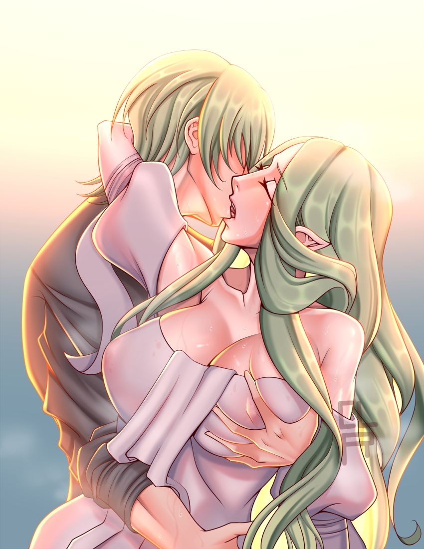 1boy 1girls breast_grab byleth_(fire_emblem) byleth_(fire_emblem)_(male) cleavage cleru_(cleruuuuu) closed_eyes fire_emblem fire_emblem:_three_houses french_kiss green_hair kissing large_breasts long_hair nintendo nipples rhea_(fire_emblem) see-through