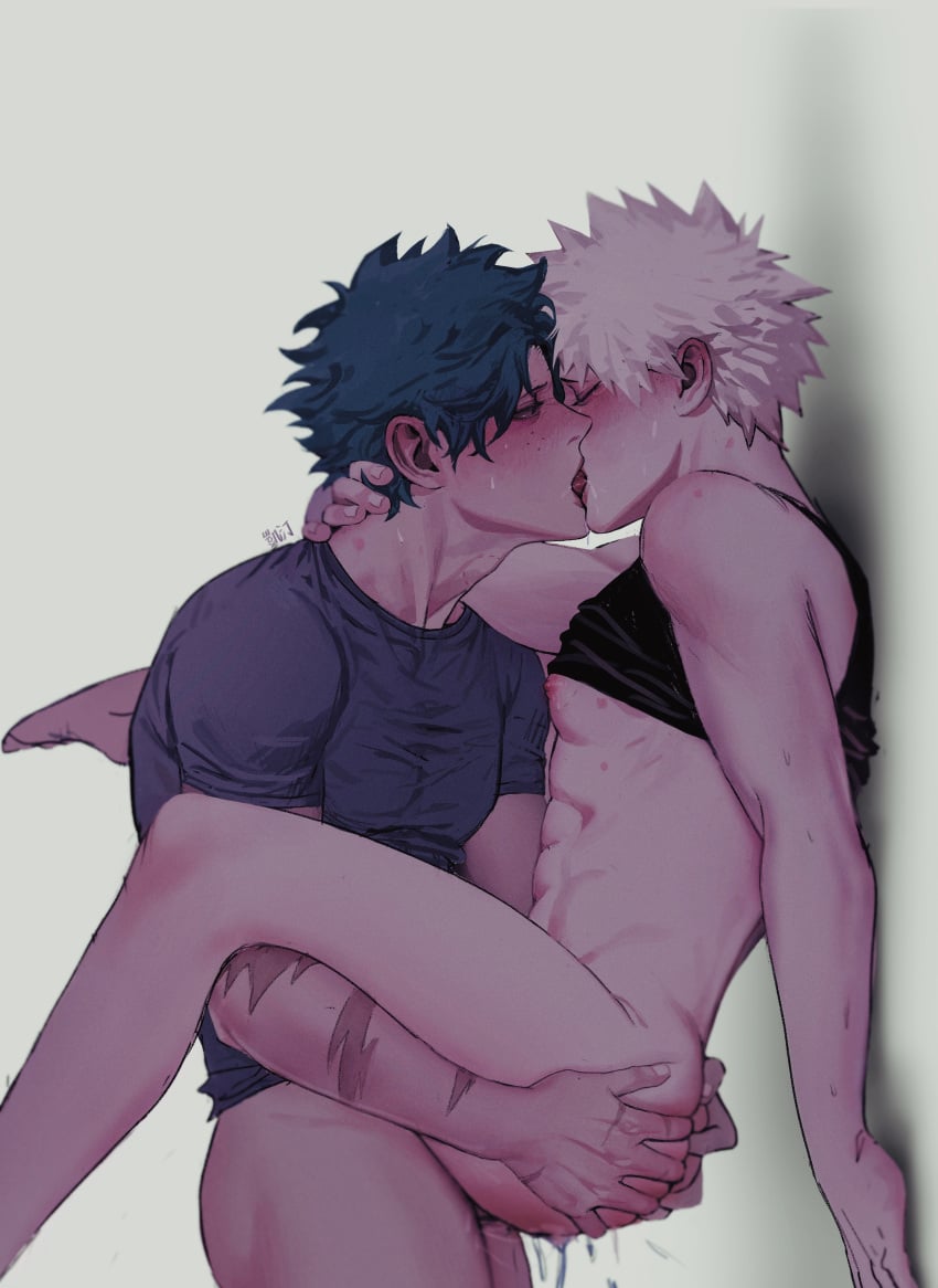 2boys absurdres against_wall anal ass_grab black_shirt black_tank_top blonde_hair blush bottomless closed_eyes cum french_kiss from_side gradient gradient_background green_hair grey_shirt half-closed_eye highres holding_another izuku_midoriya katsuki_bakugou kissing male_focus multiple_boys my_hero_academia no_visible_genitalia scar_on_arm sex shirt shirt_lift short_hair short_sleeves spiked_hair standing standing_sex tank_top wengwengchim yaoi