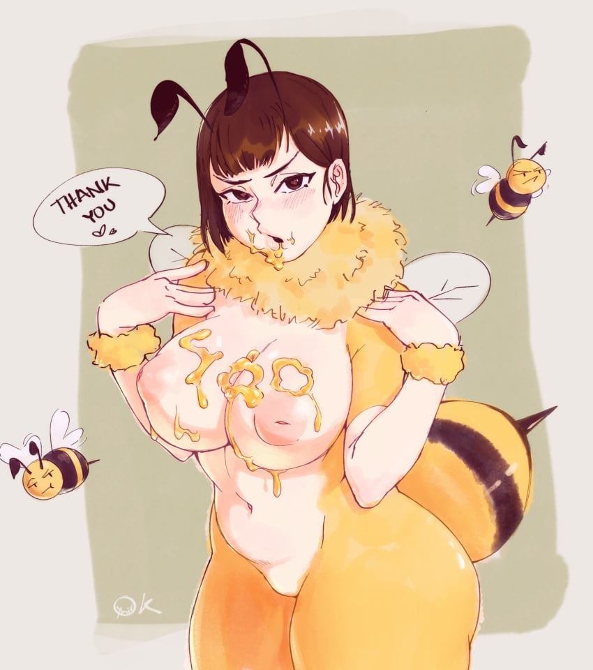 1girls bee bee_girl big_breasts curvy food_play honey honey_on_body honey_on_breasts huge_breasts inverted_nipples looking_at_viewer nude okymir puffy_nipples short_hair