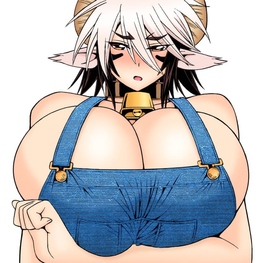 1girls bell black_hair blush breasts breasts_bigger_than_head brown_eyebrows cathyl cathyl_(monster_musume) choker color colored cow_bell cow_ears cow_girl cow_horns crossed_arms eyebrows_visible_through_hair hand_on_breast hi_res hyper hyper_breasts looking_at_viewer manga minotaur monster_girl monster_musume monster_musume_no_iru_nichijou multicolored_hair no_bra official_art okayado open_mouth original_artwork overalls pale-skinned_female pale_skin partially_clothed pointy_ears pov short_hair simple_background solo solo_female tagme_(artist) white_background white_hair yellow_eyes