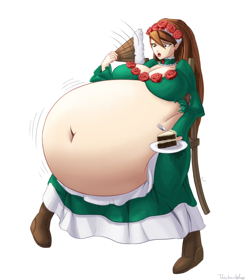 bbw big_belly big_breasts brown_hair cake chubby cleavage dress fat female fork gyakuten_saiban judy_bound lipstick long_hair ponytail roses signature sweatdrop thickerwasp tsukasa_oyashiki white_background