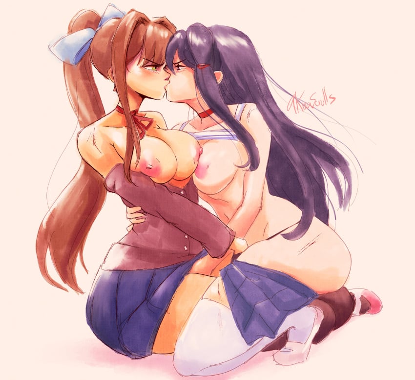 2girls akirascrolls angry angry_kiss annoyed areolae ass blush bow breasts brown_hair catfight competitive_intercourse doki_doki_literature_club female_only fingering hate_sex kissing large_breasts long_hair monika_(doki_doki_literature_club) multiple_girls nipples ponytail purple_hair sexfight yuri yuri_(doki_doki_literature_club)