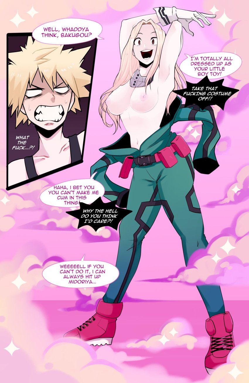 1boy 1girls arms_up bakugou_katsuki blonde_hair breasts breasts_out camie_utsushimi cosplay costume_switch dialogue english_text exposed_breasts exposing_chest female izuku_midoriya izuku_midoriya_(cosplay) katsuki_bakugou kinjero long_hair male midoriya_izuku midoriya_izuku_(cosplay) my_hero_academia outfit_swap provocative straight text undressing utsushimi_camie