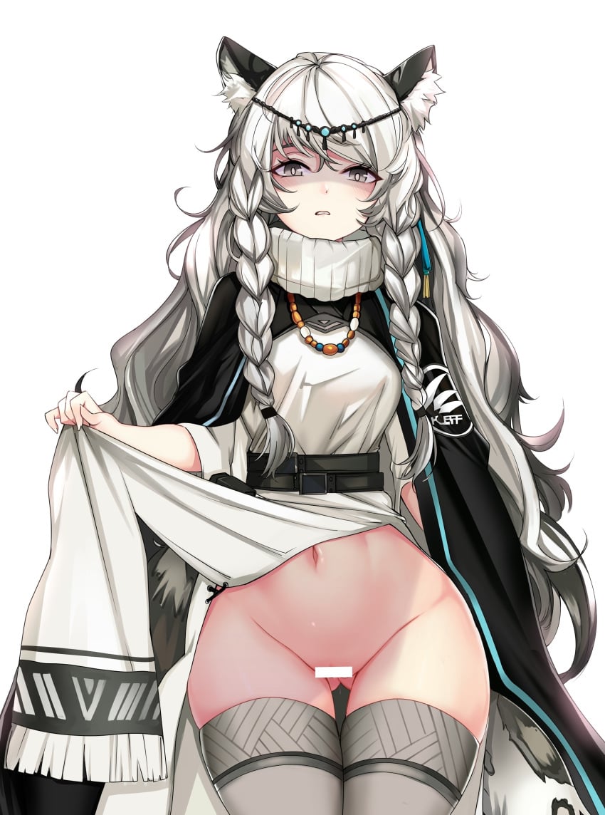 animal_ears arknights ateoyh bar_censor braid censored nopan pramanix_(arknights) pussy skirt_lift thighhighs