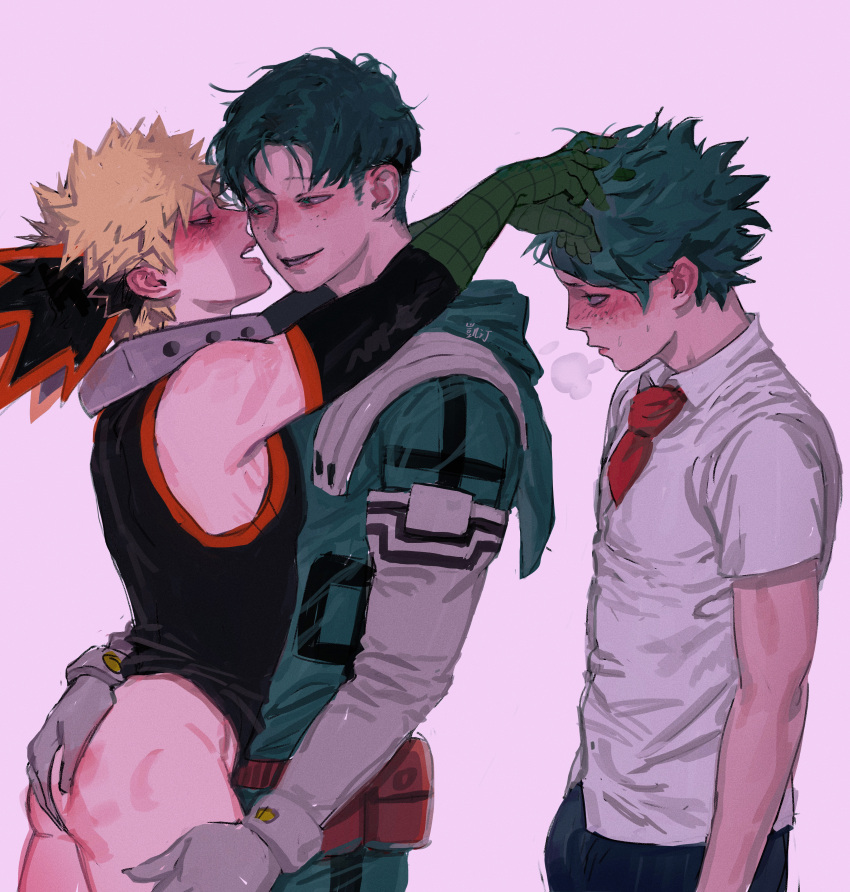 3boys absurdres arms_around_neck ass ass_grab black_sleeves blush bodysuit bottomless brown_bag bulge dark_persona detached_sleeves dual_persona elbow_gloves gloves gradient gradient_background green_bodysuit green_eyes grey_background highres hood hood_down huge_filesize izuku_midoriya katsuki_bakugou looking_at_another male_focus messy_hair multiple_boys my_hero_academia necktie no_sex no_visible_genitalia open_mouth pants pink_background red_neckwear school_uniform shirt short_hair short_necktie smile standing u.a._school_uniform upper_teeth wengwengchim white_gloves white_shirt yaoi