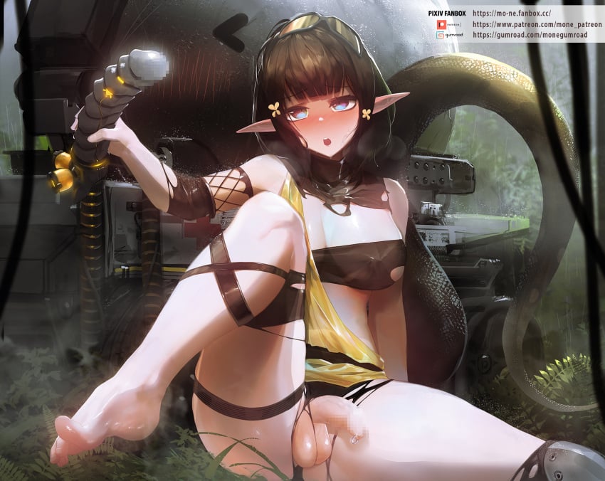 1futa arknights balls bangs black_hair blue_eyes blush breasts censored clothed clothing covered_nipples dildo eunectes_(arknights) flaccid flower futa_only futanari goggles goggles_on_head hair_flower hair_ornament highres humanoid lancet-2_(arknights) large_breasts long_ears mo_ne mosaic_censoring mostly_nude open_mouth outdoors pale_skin penis penis_piercing piercing pointy_ears sex_toy sitting snake_tail solo tail testicles thigh_strap