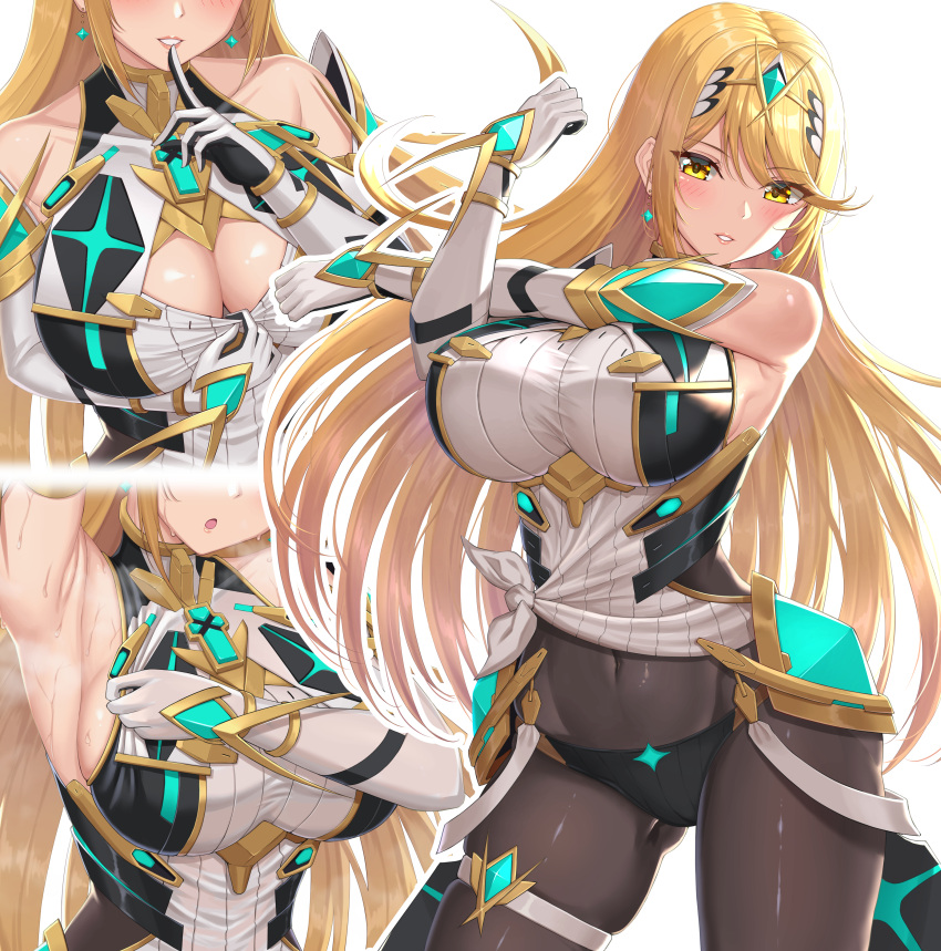 1girls armpit_fetish armpits belly_button blonde_hair blush breasts cleavage cleavage_cutout clothing_pull earrings finger_to_mouth gloves jewelry large_breasts legs legwear lips long_gloves long_hair monolith_soft mythra nintendo panties panties_under_pantyhose pantyhose solo solo_female sssemiii stretching super_smash_bros. super_smash_bros._ultimate sweat teasing thigh_strap thighs tiara tied_shirt tight_clothing tight_dress white_dress xenoblade_(series) xenoblade_chronicles_2 yellow_eyes