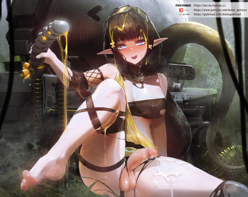 1futa after_masturbation arknights balls bangs black_hair blue_eyes blush breasts censored clothed clothing covered_nipples cum cum_on_body dildo erection eunectes_(arknights) female flower futa_only futanari goggles goggles_on_head hair_flower hair_ornament highres humanoid lancet-2_(arknights) large_breasts long_ears mo_ne mosaic_censoring mostly_nude open_mouth outdoors pale_skin penis pointy_ears sex_toy sitting snake_tail solo tail testicles thigh_strap