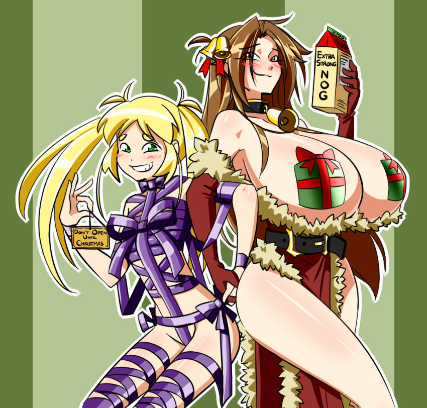 2017 2girls big_breasts blonde_hair blush breasts christmas female_only huge_breasts matsu-sensei mattie_(matsu-sensei) multiple_girls otome_(matsu-sensei) pasties tagme