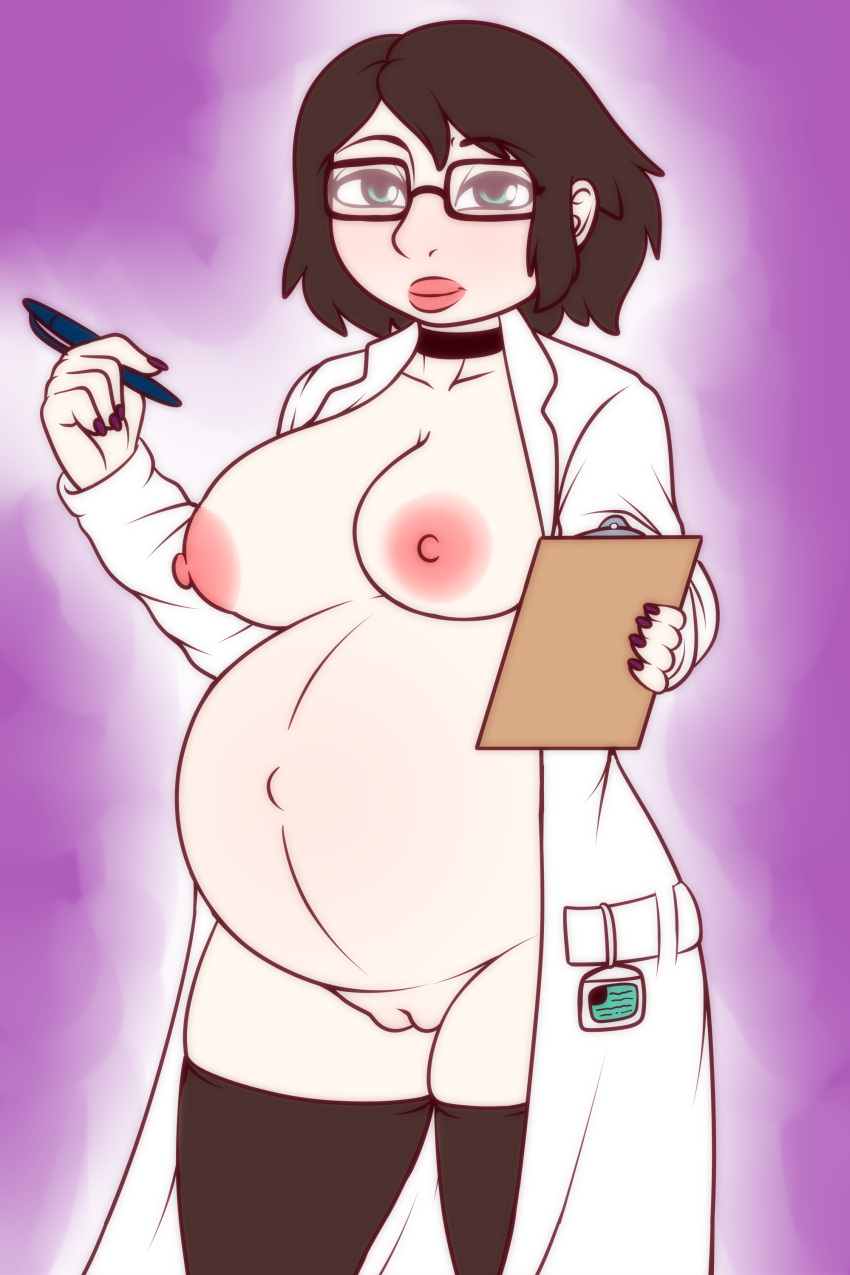 areolae balisk_oc barely_clothed black_hair breasts clipboard dani_(balisk) dani_(balisk)_(female) dani_(balisk)_(milf) doctor glasses looking_at_viewer pregnancy pregnant pregnant_belly pregnant_female pussy scientist short_hair siddopolis smile