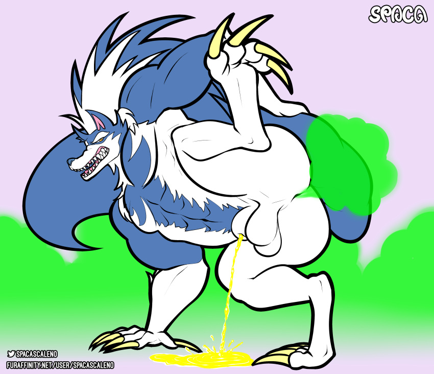 1boy abs absurd_res anthro ass balls blue_body bodily_fluids canid canine canis capcom claws darkstalkers digital_media_(artwork) fart fur gallon genital_fluids genitals green_fart hair hi_res jon_talbain looking_at_viewer male male_only mammal muscular muscular_anthro muscular_male nails nude peeing simple_background solo spaca teeth teeth_showing text urine video_games watersports were werecanid werecanine werewolf white_body wolf