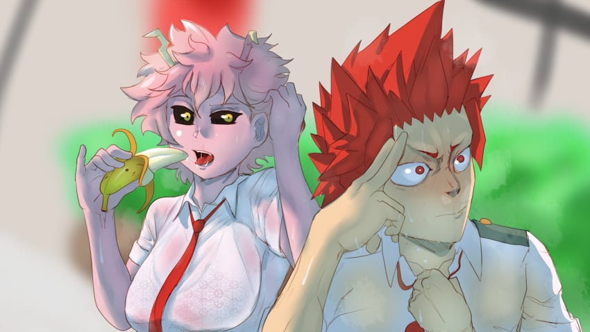 1boy 1boy1girl 1girls averting_eyes banana big_breasts black_sclera dirty_thoughts eating eijirou_kirishima female horns kirimina large_breasts male male/female mina_ashido my_hero_academia necktie necktie_grab pink_hair pink_skin provocative red_eyes red_hair saliva saliva_string school_uniform schoolboy schoolgirl see-through see-through_clothing suggestive sweat tie_pull yellow_eyes