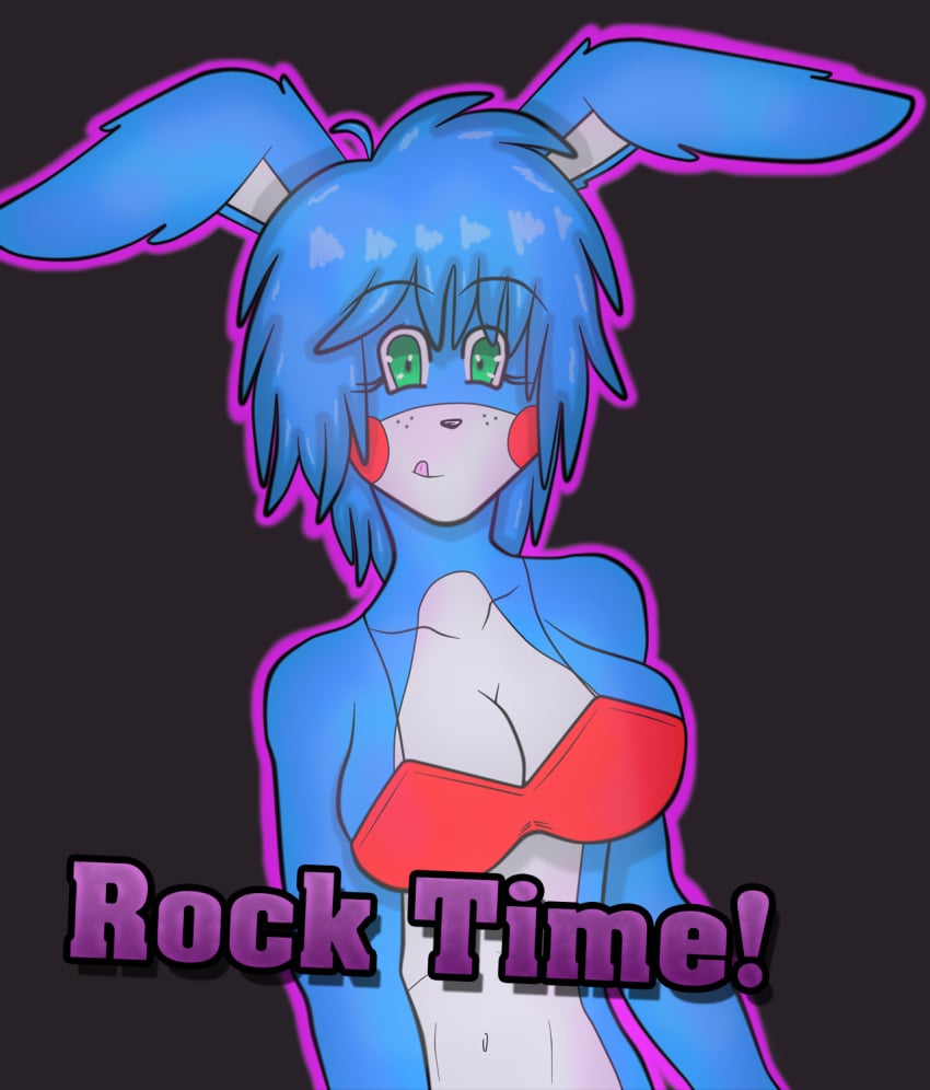 black_background blue_hair bra bunny_ears bunny_girl five_nights_at_freddy's five_nights_at_freddy's_2 five_nights_in_anime fnialover84 green_eyes rabbit_ears rabbit_girl solo text tongue_out toy_bonnie_(fnaf)