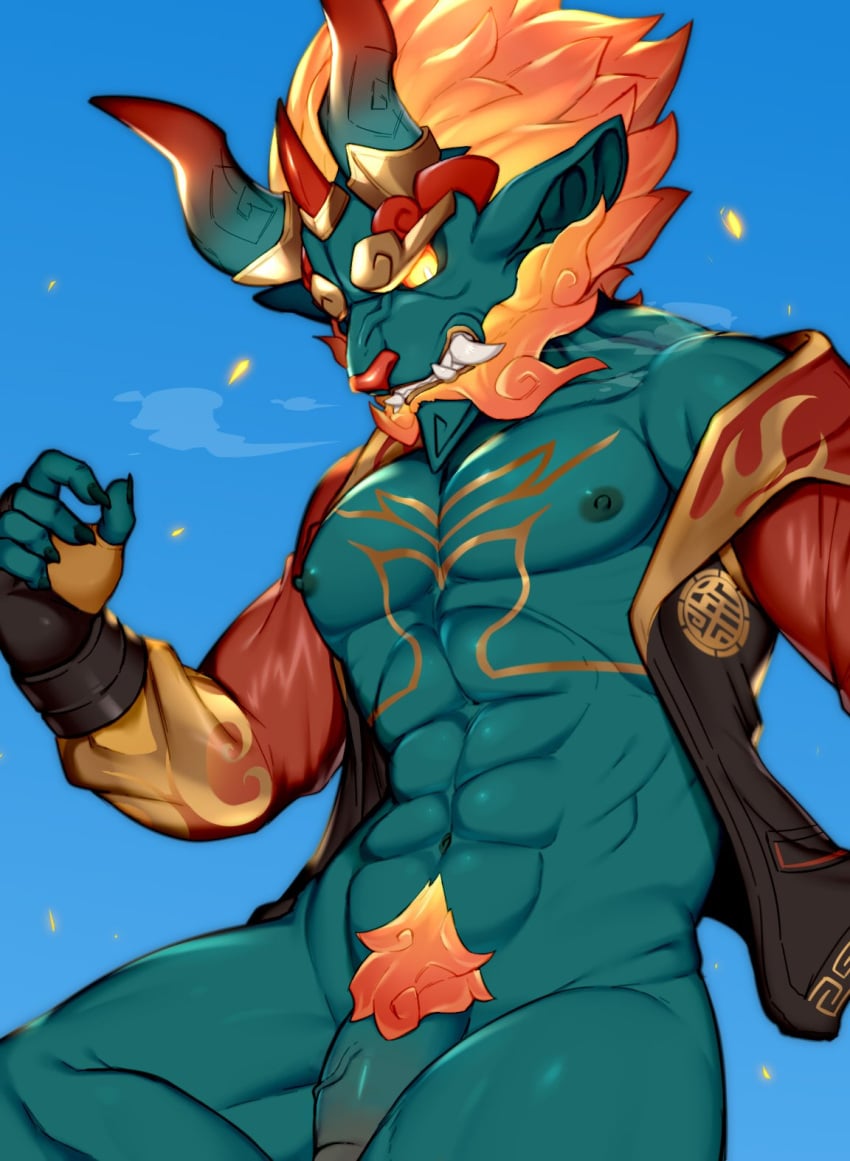 1boy abs anthro belly_button blue_body blue_skin bodypaint dragon drawthread_request edit epic_games fingerless_gloves fire fire_hair firewalker_(fortnite) flaccid flaccid_penis fortnite gay gloves humanoid male_only mofuaki muscle muscular muscular_male naked nude orange_hair partially_clothed partially_nude pecs pectorals pubic_hair tagme tattoo uncensored yellow_eyes yellow_hair