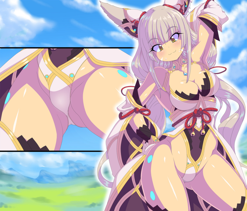 1girls animal_ears armpits arms_up blush cat_ears cougar3 kihaiu large_breasts long_hair nia nia_(blade) nia_(xenoblade) nintendo solo twintails white_hair xenoblade_(series) xenoblade_chronicles_2