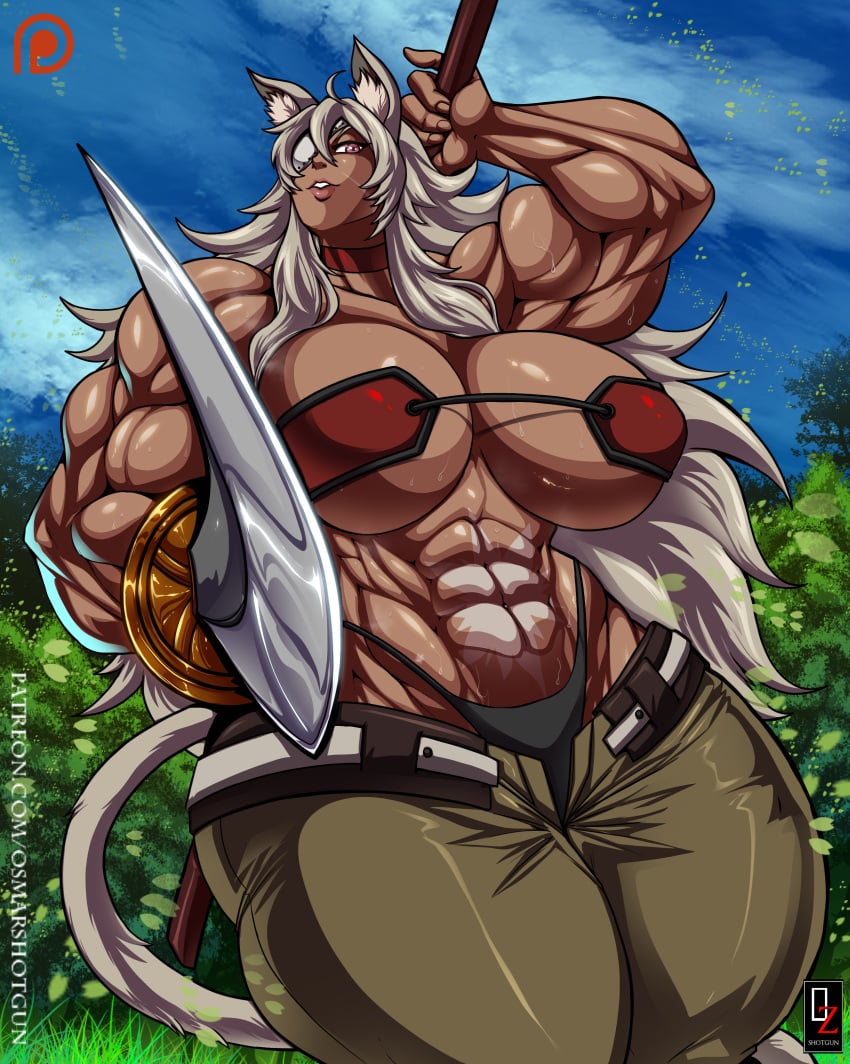 1girls abs animal_ears biceps big_muscles breasts busty cleavage dark-skinned_female dark_skin extreme_muscles eye_patch female female_only ghislaine_dedoldia hyper_muscles large_breasts looking_at_viewer muscles muscular muscular_female mushoku_tensei navel osmar-shotgun red_eyes scar silver_hair solo sweat sword tail thong warrior weapon