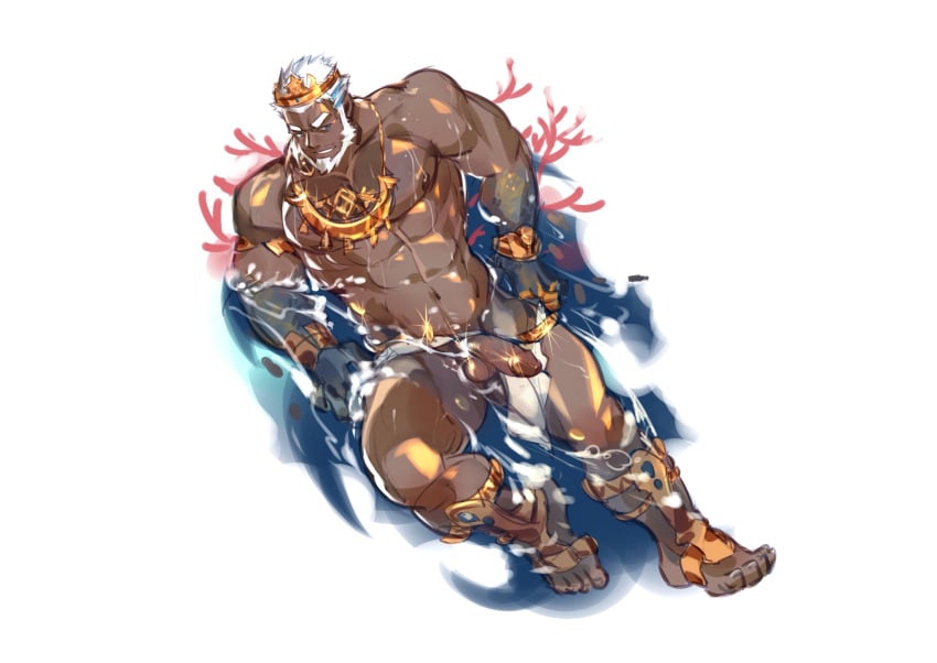 1boy abs aegir_(tokyo_afterschool_summoners) anchor_earrings aqua_hair bara bare_pecs barefoot beard blue_eyes crown crrispy_shark dark-skinned_male dark_skin earrings facial_hair fins from_above full_body highres jewelry large_pectorals lying male male_focus male_only mature_male multicolored_hair muscular muscular_male navel navel_hair nipples nude on_back penis short_hair single_earring smile solo stomach streaked_hair thick_thighs thighs tokyo_afterschool_summoners tokyo_houkago_summoners uncensored wet white_hair