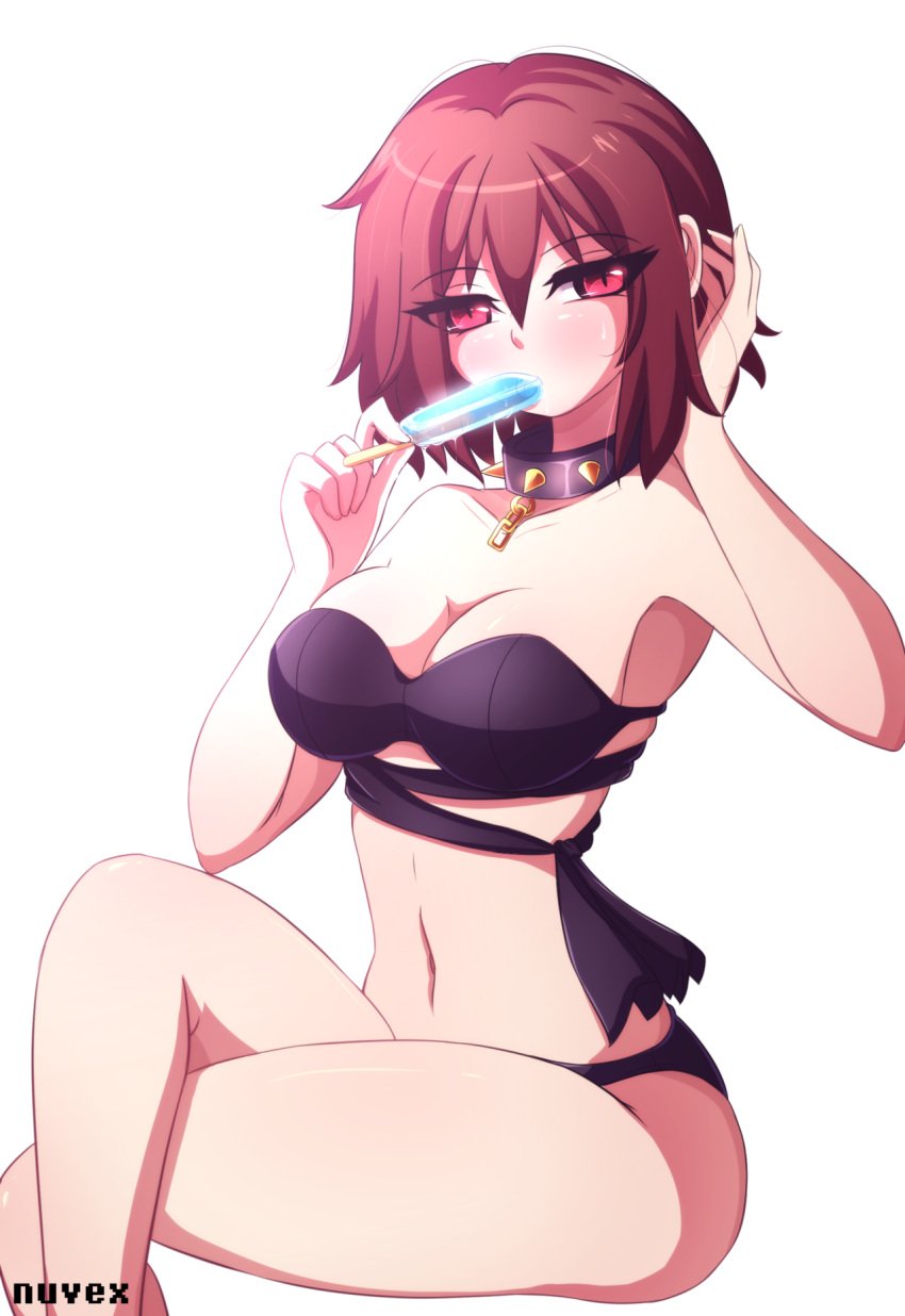 1girls 2d aged_up alternate_version_available artist_name bathing_suit bikini bikini_top breasts brown_hair collar female female_frisk female_only frisk human human_female human_only large_breasts midriff nuvex popsicle red_eyes short_hair solo solo_female spiked_collar suggestive_food thighs underfell undertale undertale_(series) undertale_au white_background