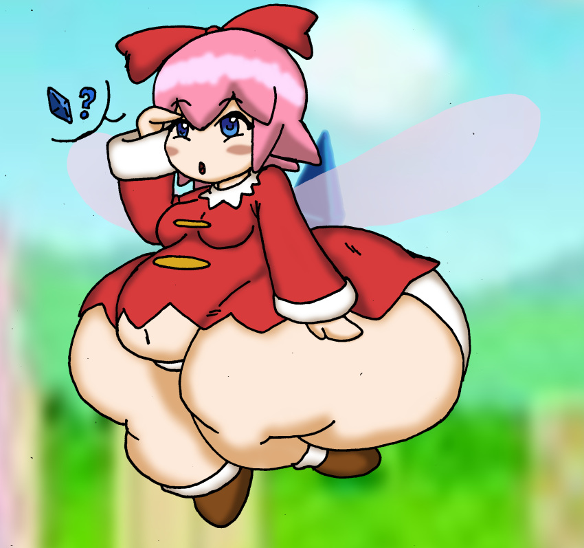 1girls ? allstarman belly blue_eyes blush bow breasts crystal dress fairy fat female female_focus female_only flying kirby_(series) nintendo open_mouth panties pink_hair ribbon_(kirby) shortstack small_dress thick_thighs thighs thunder_thighs wings