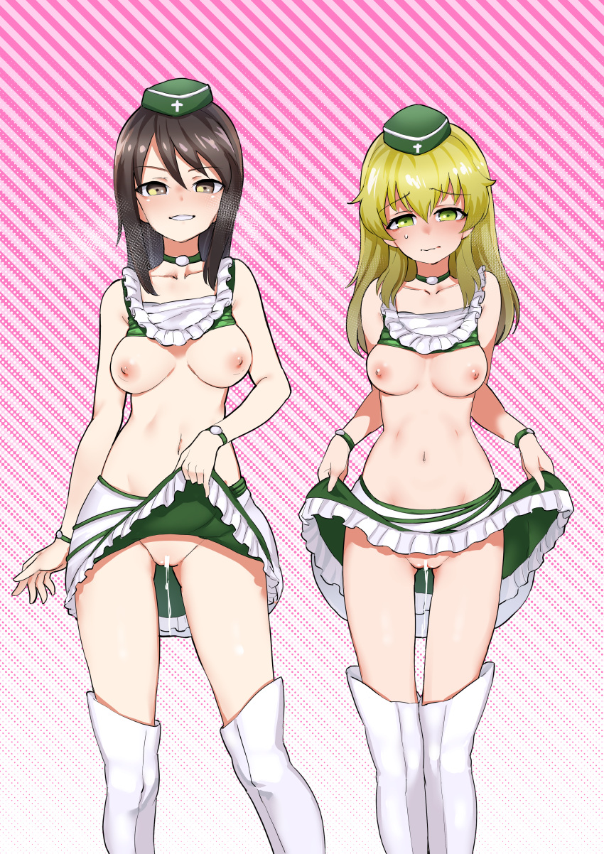 2girls absurdres aomushi_(mushamusha) bare_shoulders blonde_hair blush boots breasts brown_eyes brown_hair carpaccio closed_mouth collarbone embarrassed eyebrows_visible_through_hair girls_und_panzer green_eyes green_headwear hat highres lifted_by_self long_hair looking_at_viewer medium_breasts mika_(girls_und_panzer) multiple_girls navel nipples no_bra no_panties parted_lips pussy race_queen shiny shiny_hair shirt_lift simple_background skirt skirt_lift smile striped striped_background thigh_boots thighhighs white_legwear