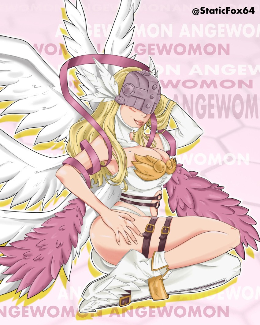 1girls angel angel_wings angewomon asymmetrical_clothes belt blonde_hair blush cleavage clothed digimon digimon_(species) female hand_in_hair hand_on_thigh helmet long_hair pinup_pose posing ribbon skimpy smile solo staticfox64 wings