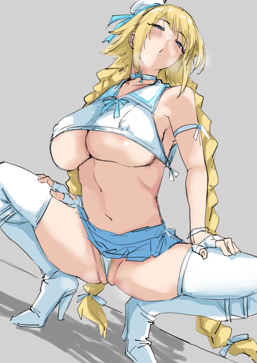 bangs bare_shoulders between_labia big_breasts blonde_hair blue_eyes blue_skirt blush boots braid breasts cameltoe choker collarbone covered_nipples crop_top fate/apocrypha fate/grand_order fate_(series) female female_pubic_hair fingerless_gloves gloves hagunontada hat high_heel_boots high_heels horny innie_pussy jeanne_d'arc_(fate) jeanne_d'arc_(fate)_(all) large_breasts legwear long_hair looking_at_viewer midriff mystery_treasure navel nipples_visible_through_clothing no_bra open_mouth panties pubic_hair pussy sailor_collar sailor_fuku short_skirt skirt skirt_lift spread_legs squatting steam steamy_breath thigh_boots thighhighs thighs twin_braids underboob very_long_hair wedgie white_boots white_footwear white_gloves