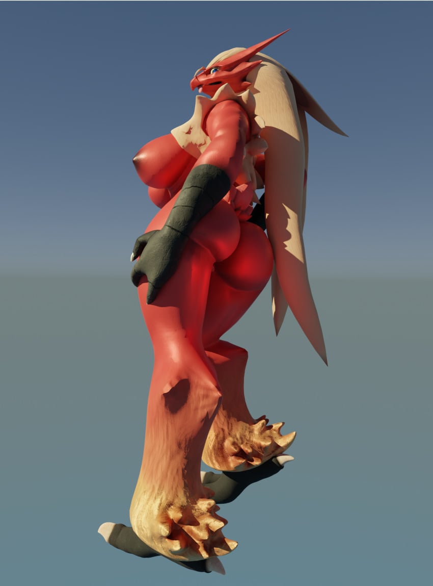 2021 3d_(artwork) anthro ass avian beak bird blaziken blender_(software) blonde_hair blue_eyes breasts catsockjus digital_media_(artwork) feathers female hair hi_res looking_at_viewer looking_back nintendo pokemon pokemon_(species) red_body simple_background solo standing thick_thighs tongue tongue_out video_games