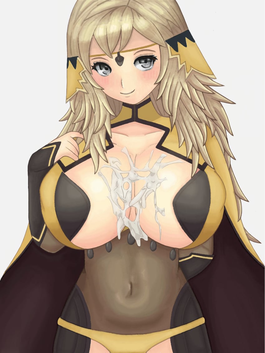 1girls after_paizuri alternate_breast_size big_breasts blonde_hair bodystocking breasts cape cum cum_between_breasts cum_bridge cum_on_breasts fire_emblem fire_emblem_fates grey_eyes huge_breasts large_breasts light_blush long_hair nintendo nipple_bulge ophelia_(fire_emblem) panties roaamuje sideboob smile yellow_panties