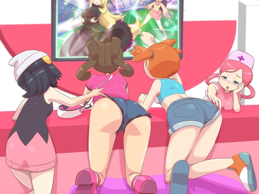 4:3_aspect_ratio 6girls ass bag black_hair blonde_hair blue_eyes blue_hair blush brown_hair crop_top cynthia_(pokemon) dark_skin dawn_(pokemon) female female_only female_pervert from_behind group hair_rings hat high_resolution human iris_(pokemon) kasumi_(pokemon) lesbian lifted_by_another long_hair microsd_(artist) midriff misty_(pokemon) multiple_girls nintendo nurse nurse_cap nurse_joy orange_hair pink_hair pink_shirt pokemon pokemon_dppt pokemon_sm pokemon_xy purple_hair red_hair shauna_(pokemon) shirt shoes short_hair short_shorts short_sleeves shorts shorts_lift shoulder_bag skirt sleeveless sleeveless_shirt small_breasts tied_hair twin_rings twintails yuri