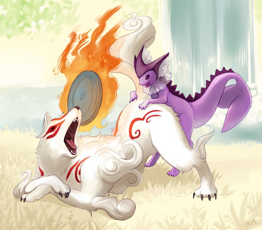 2009 amaterasu canine claws crossover eeveelution feral feral_on_feral fire fur markings nintendo okami open_mouth pokémon_(species) pokemon pokemon_(species) purplekecleon quadruped shiny_pokemon spikes tail vaporeon white_fur wolf